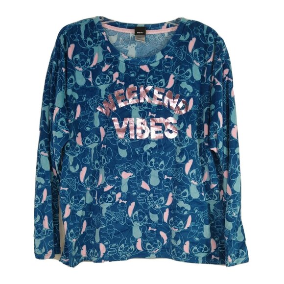 Disney Lilo and Stitch Pajama Top Shirt Women Size L 12 14 Blue Pink Long Sleeve - Picture 1 of 8